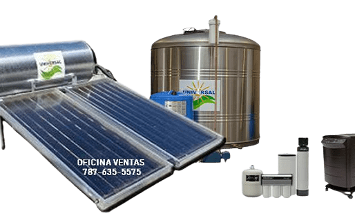 calentadores solares, cisternas de agua, filtros de agua y purificador de aire