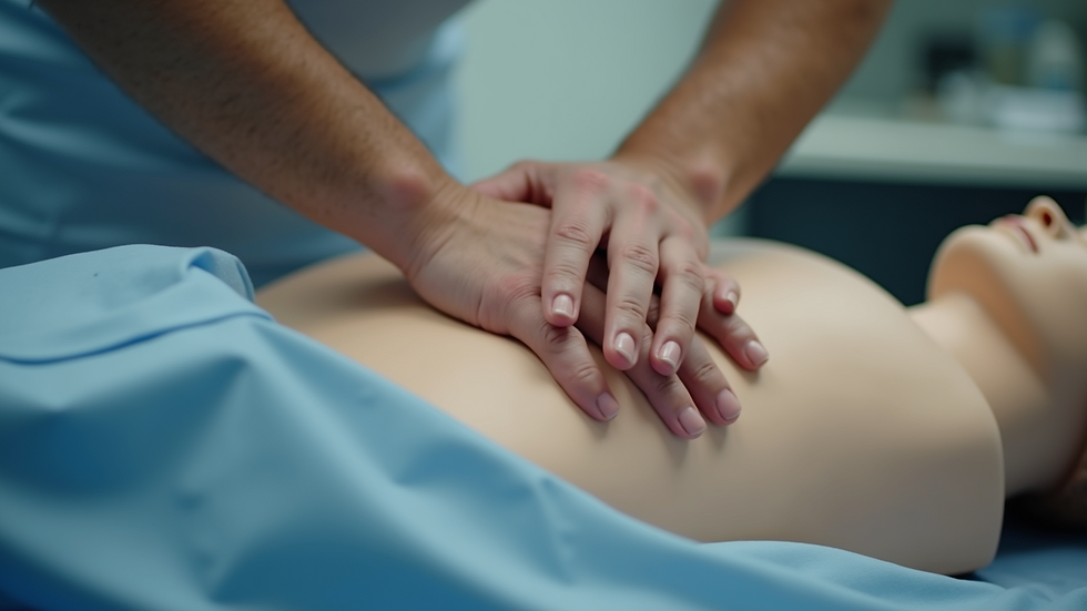 Close-up view of hands practicing CPR on a training manikin