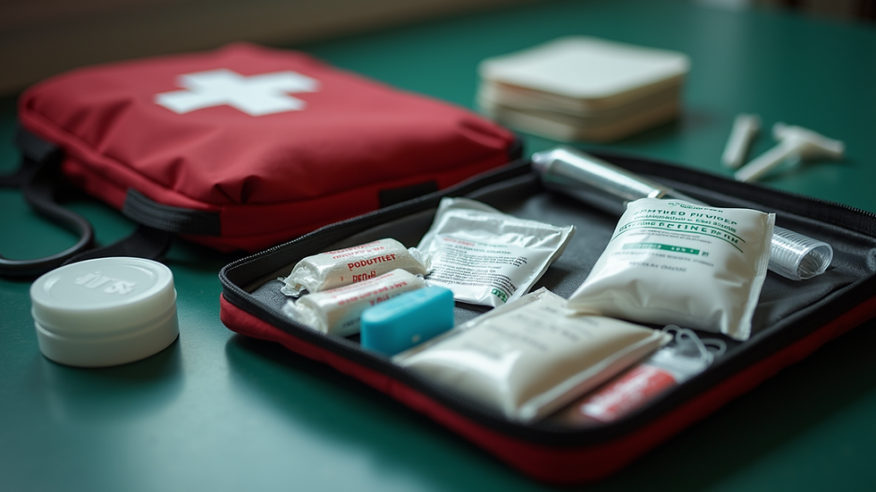 Close-up view of first aid kit with supplies