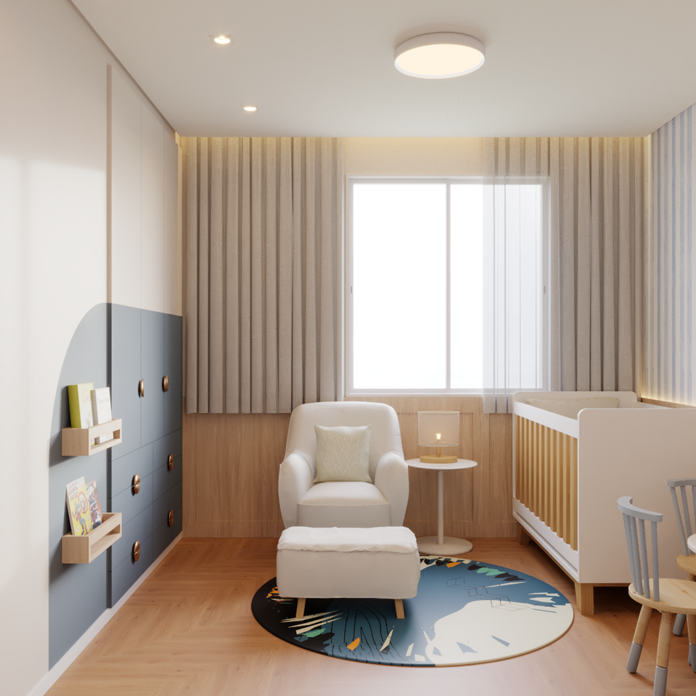 Dormitório infantil com pintura orgânica azul, poltrona amamentação, abajour, berço e mesinha.