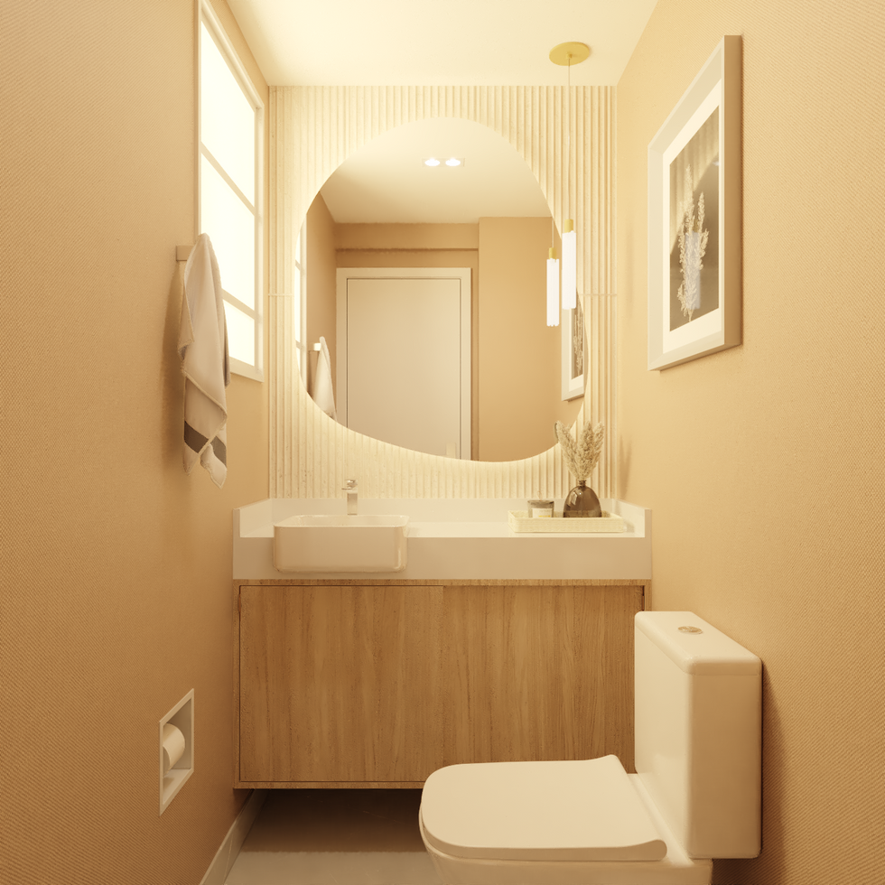 Lavabo moderrno, espelho orgânico com luz de led indireta, quadro, luminária pendente e bancada de quartzo branco.