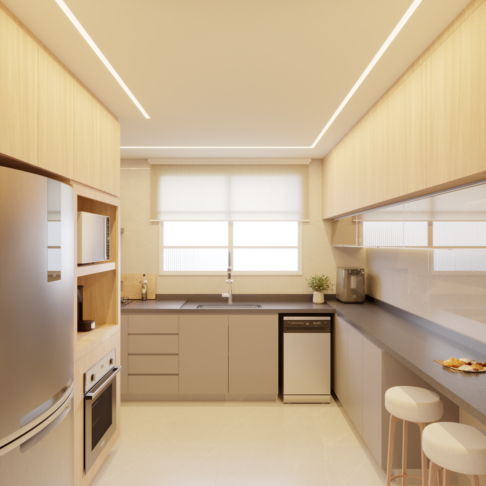 Cozinha moderna com grande bancada de granito São Gabriel escovado, iluminação de fitas de LED, torre de forno, geladeira, lava-louças e pia alinhada com janela e banquetas de refeição rápida, além de cooktop e churrasqueira grill.