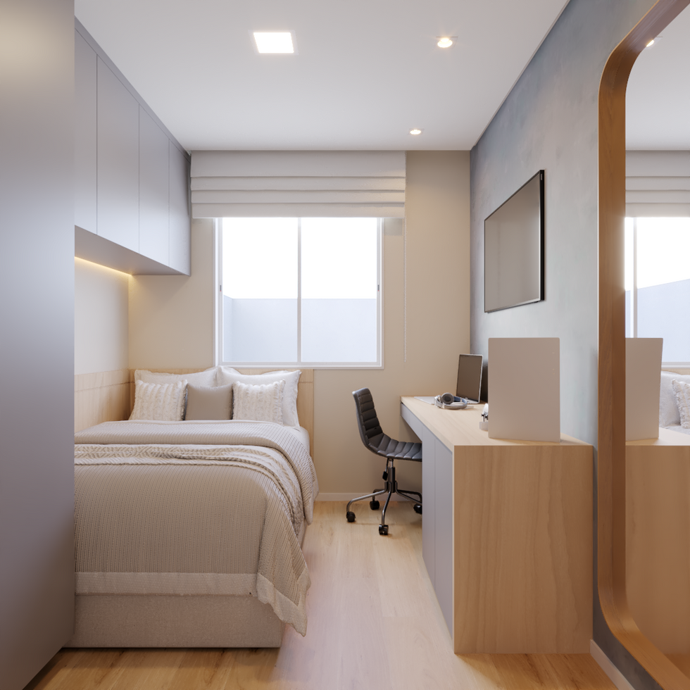 Dormitório solteiro com cama viúva, guarda-roupa com armário aéreo sobre cama com fita de LED indireta, mesa de estudos, trabalho ou jogos com videogame, televisão e gavetas de sapateira, espelho de corpo inteiro.