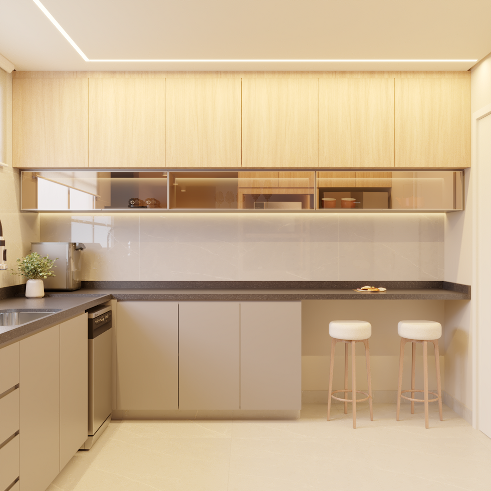 Cozinha moderna com grande bancada de granito São Gabriel escovado, iluminação de fitas de LED, torre de forno, geladeira, lava-louças e pia alinhada com janela e banquetas de refeição rápida, além de cooktop e churrasqueira grill.