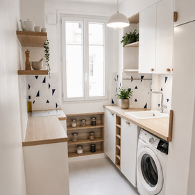 Cuisine contemporaine optimisée dans un appartement parisien, rénovation et architecture intérieure par Atelier Sénic.