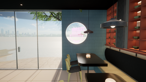 Interior architectural conceptual rendering of Zaru, a, udon restaurant designed by Make_Design Studios