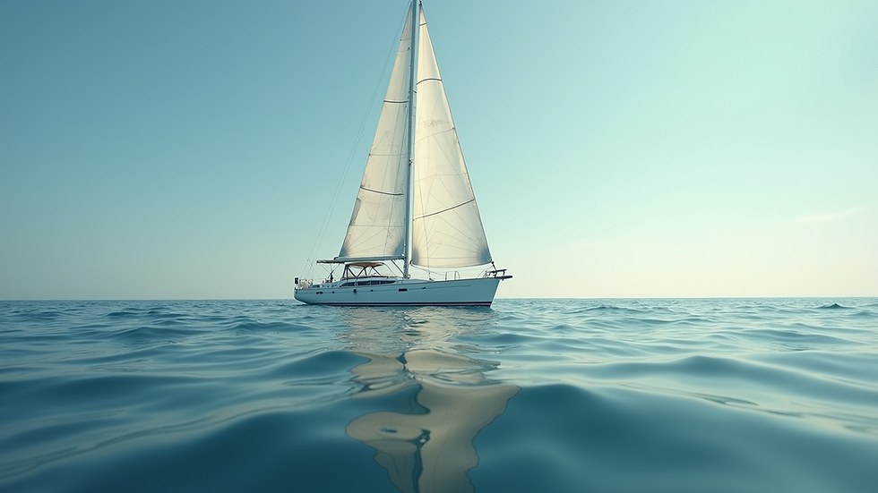 Eye-level view of a sailboat on calm sea with sails fully open