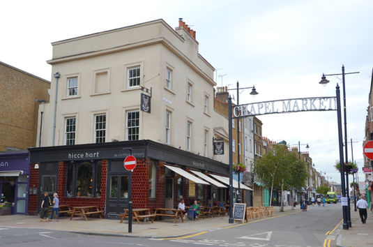 Facade and street at Hicce Hart, independent gastro pub in Chapel Market, Angel Islington, London