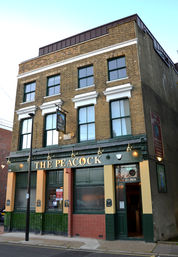 Facade at the Peacock, independent pub in Stepney, East London.
