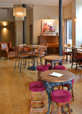 Tables and stools at Hicce Hart, independent gastro pub in Chapel Market, Angel Islington, London