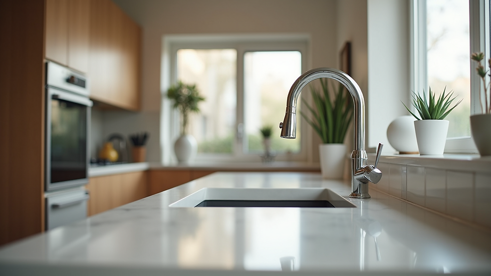 Eye-level view of modern kitchen with updated hardware