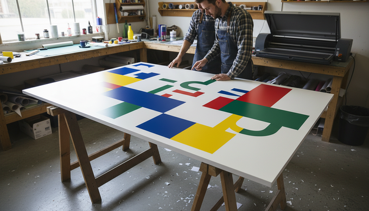 Wide-angle view of a finished sign panel resting in a sign-making workshop
