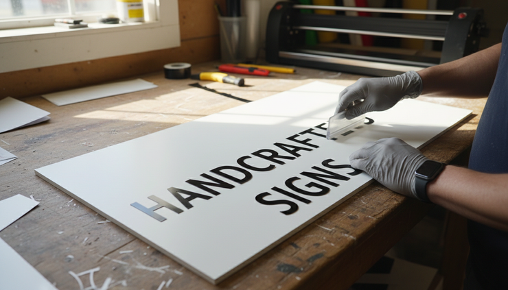 Eye-level view of a clean vinyl lettering sample on a sign panel