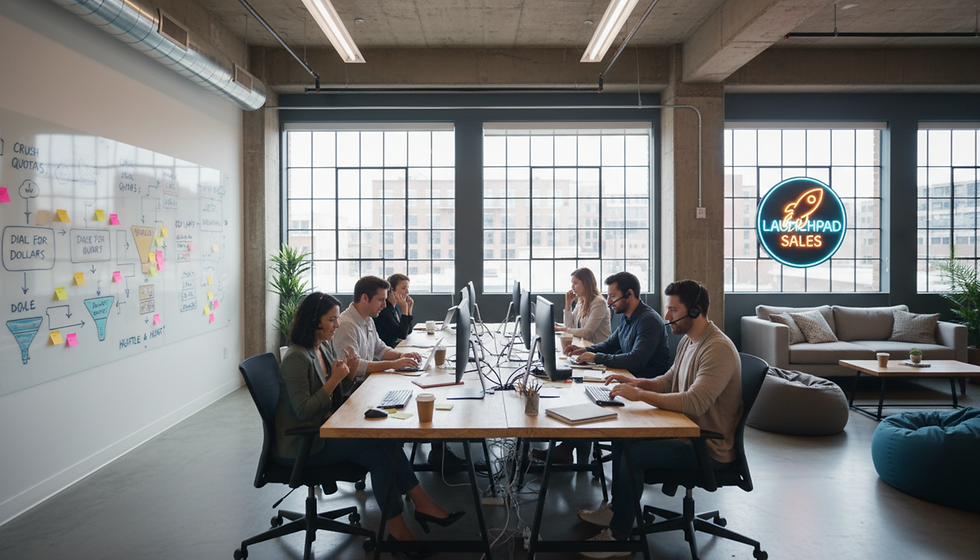 People at desks with headsets work on computers in a modern office. Whiteboard with notes and a vibrant "Launchpad Sales" neon sign.