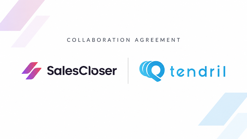 Collaboration Agreement slide with SalesCloser and tendril logos on a white background with pastel geometric accents.