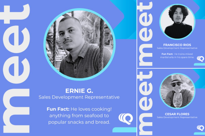 Three profiles on a blue background. Ernie G., Francisco Rios, and Cesar Flores, all Sales Development Reps. Fun facts: cooking, martial arts.