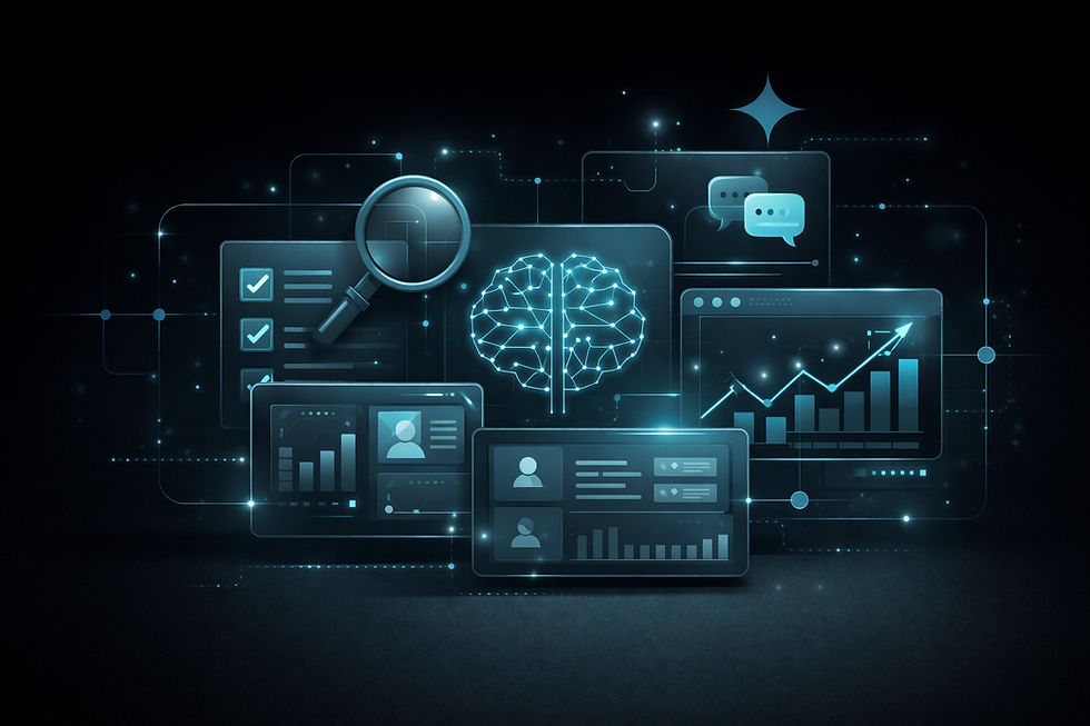 Digital interface with data charts, magnifying glass, and network symbols on dark background. Blue glowing lines connect elements, conveying tech theme.