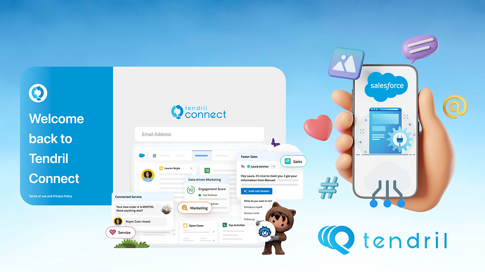 Hand holding a phone displaying Salesforce. Text reads "Welcome back to Tendril Connect." Digital icons and cartoon character present.