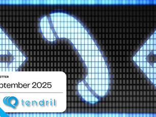 LED display shows a phone symbol with blue arrows on a black grid. Text reads "Newsletter September 2025" with "tendril" logo.