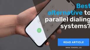 Hand holds smartphone displaying dial pad. Text: "Best alternative to parallel dialing systems?" Button: "Read Article." Website: "www.tendril.us".