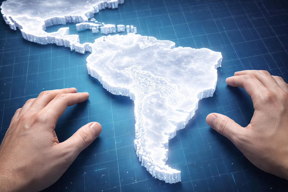 Hands hover over a 3D white map of the Americas on a blue grid background, symbolizing technology and connection.