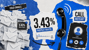 Collage of cold emails, 3.43% reply rate, and a phone handset with Call Instead? Live Conversation on blue torn paper.