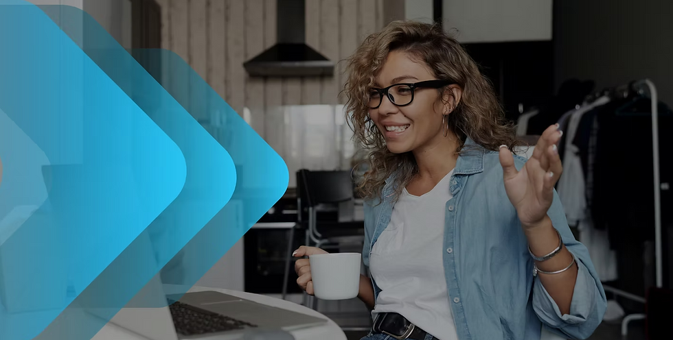 Smiling woman in glasses holds a mug, video chatting on laptop in a modern kitchen. Blue arrow graphics overlay the image.