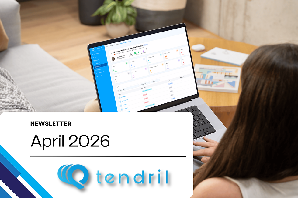 Woman uses a laptop displaying a dashboard. Newsletter text reads "April 2026" with "Tendril" logo. Sofa and plant in the background.