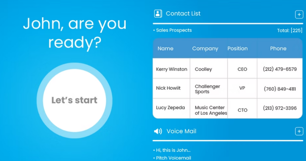 Blue background screen with "John, are you ready?" and "Let's start" button. Right shows a contact list with names, companies, and roles.