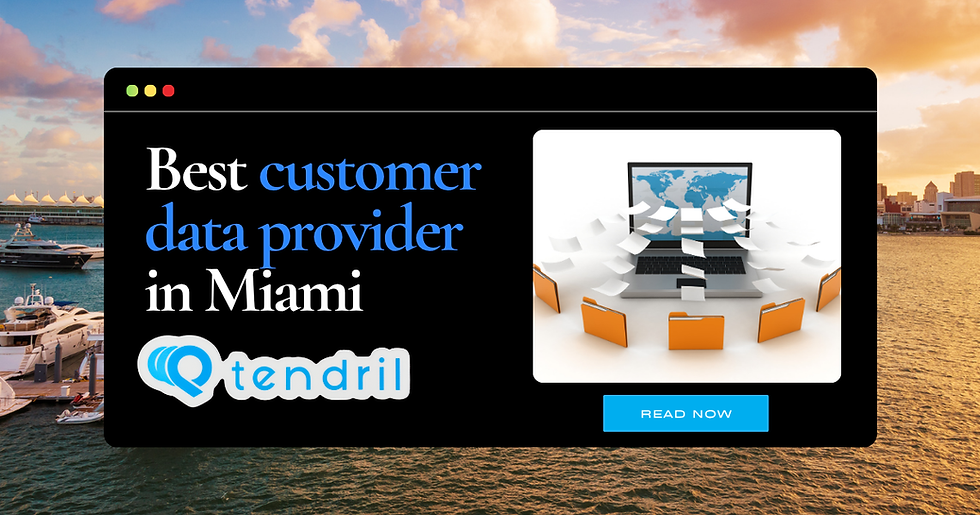 Ad with "Best customer data provider in Miami," laptop and folders image, harbor background, and "tendril" logo. Button reads "Read Now."