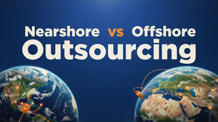 Illustration of two Earths, labeled Nearshore vs Offshore Outsourcing, with digital connections. Blue background emphasizes a tech theme.