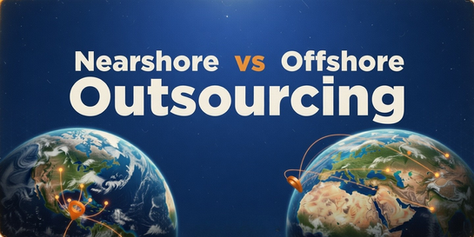 Illustration of two Earths, labeled Nearshore vs Offshore Outsourcing, with digital connections. Blue background emphasizes a tech theme.