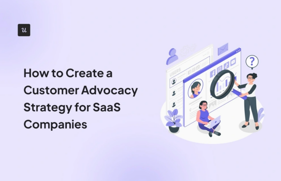 Two people analyze user data on screens with icons. Text reads "How to Create a Customer Advocacy Strategy for SaaS Companies." Light purple theme.