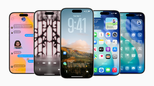 Five iPhones displaying different screens: messages, abstract art, lock screen with notifications, home screen apps, and a blurred view.