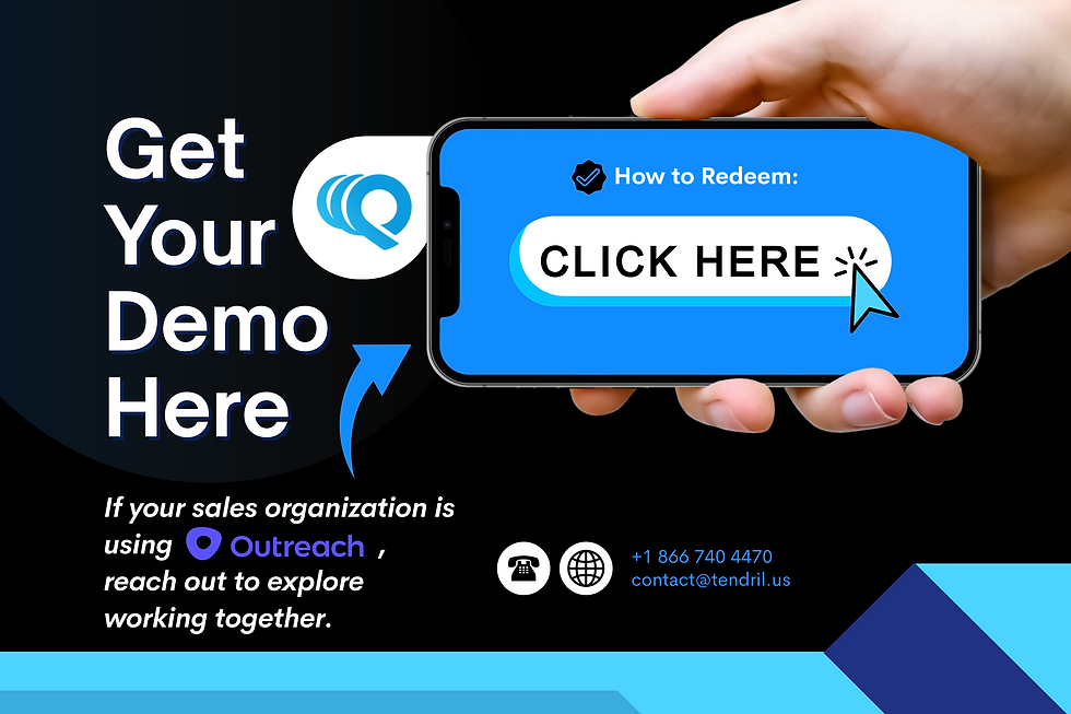 Hand holds a phone with "CLICK HERE" on the screen. Text on black background: "Get Your Demo Here" and contact info for Outreach.