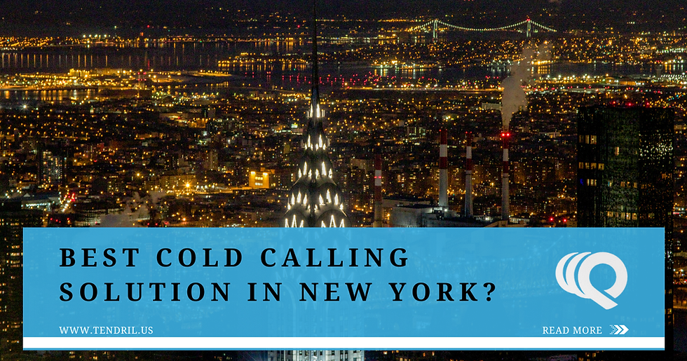 New York cityscape at night with illuminated buildings. Blue overlay text: "Best Cold Calling Solution in New York?" and "www.tendril.us".