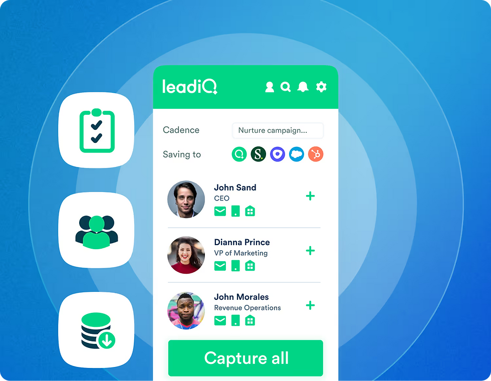 App interface on blue background with contact profiles for John, Dianna, and another person. Icons depict checklist, group, database.