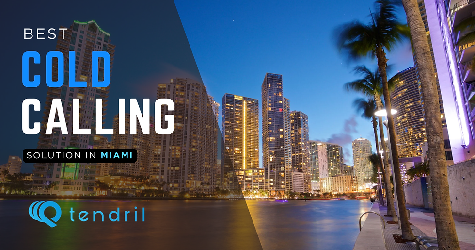 Miami skyline at dusk with lit skyscrapers, palm trees, and text: "Best Cold Calling Solution in Miami" and "tendril" logo.