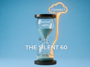 Hourglass with blue sand at 40% on blue background. Text "THE SILENT 60" and "CONNECT" inside a cloud. Symbols for locks and directory.