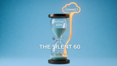 Hourglass with blue sand at 40% on blue background. Text "THE SILENT 60" and "CONNECT" inside a cloud. Symbols for locks and directory.