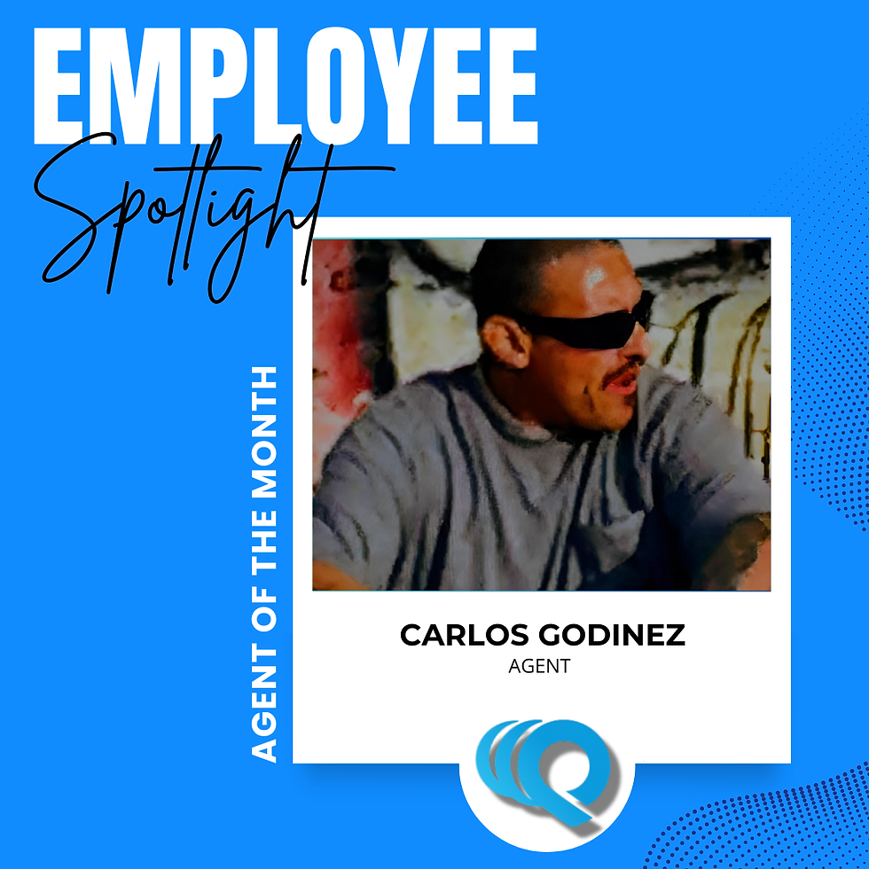 Employee Spotlight banner showing a person in sunglasses. Text: "Carlos Godinez, Agent of the Month." Blue background, casual mood.
