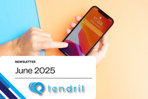 Hands hold a smartphone showing a colorful screen with a notification. Background is blue and orange. Newsletter titled "June 2025" with Tendril logo.