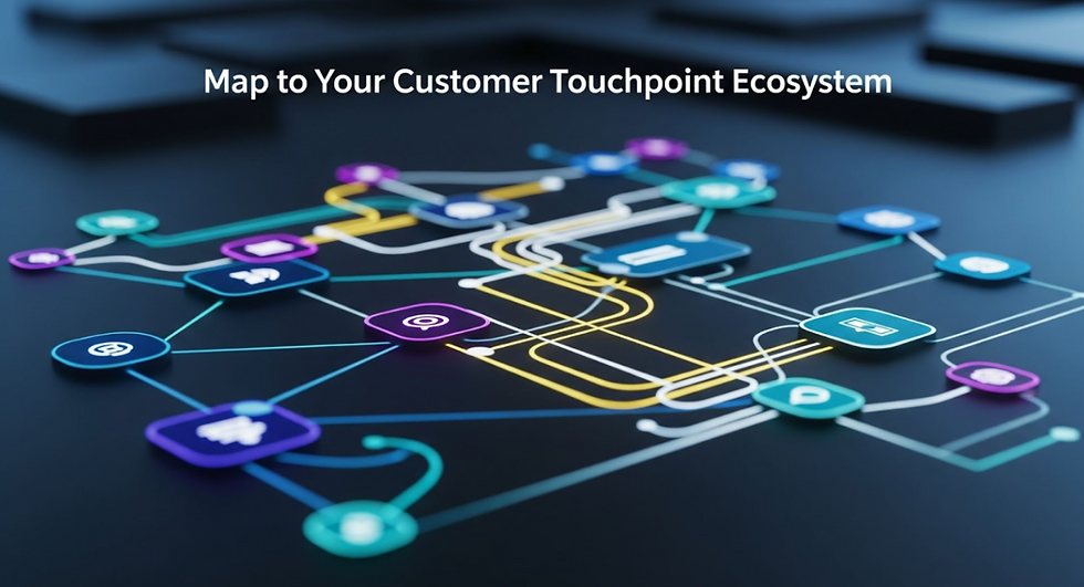 Digital map with colorful nodes and lines connects various icons, representing a customer touchpoint ecosystem. Text: "Map to Your Customer Touchpoint Ecosystem".