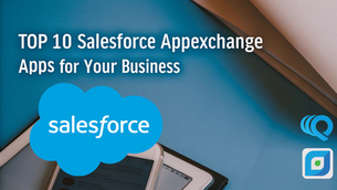 Text reads "TOP 10 Salesforce Appexchange Apps for Your Business." Blue background with Salesforce logo, papers, and tablets.