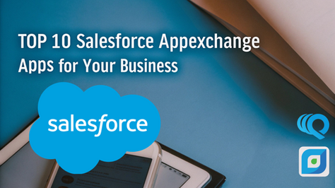 Text reads "TOP 10 Salesforce Appexchange Apps for Your Business." Blue background with Salesforce logo, papers, and tablets.