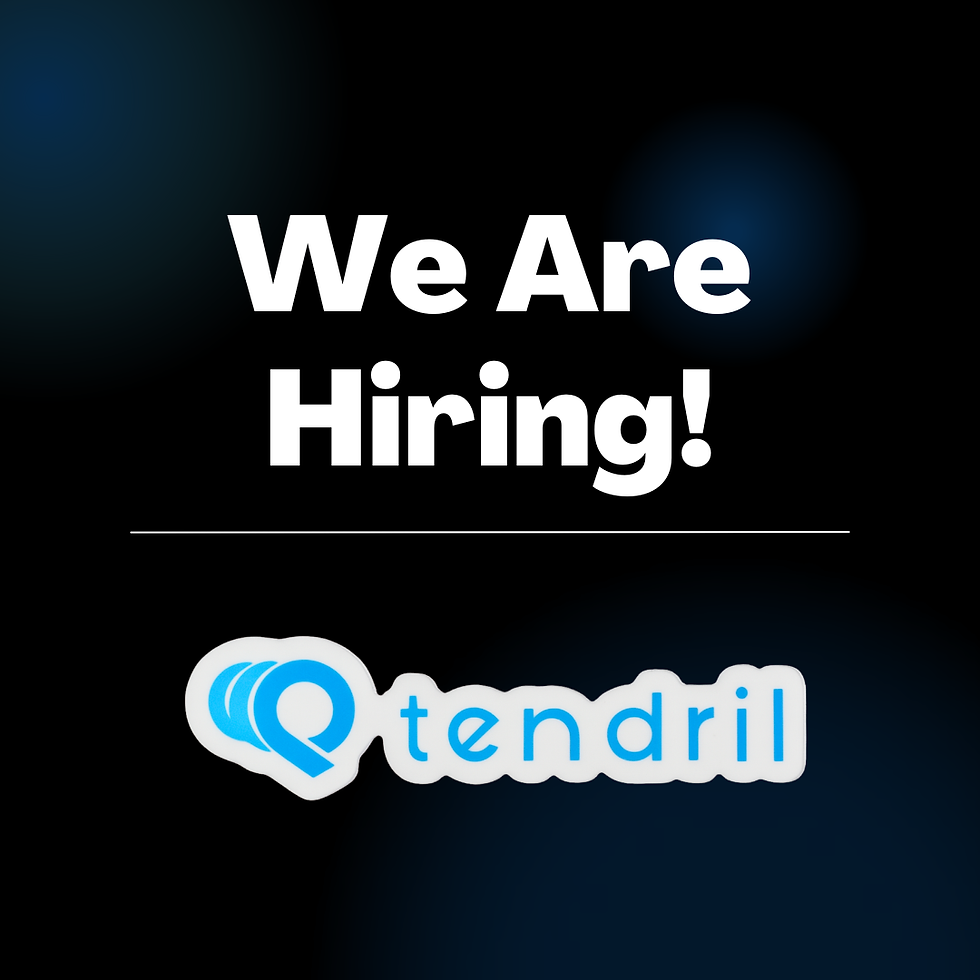 Text reads "We Are Hiring!" above the Tendril logo on a dark background. White text and blue logo create a professional, inviting mood.