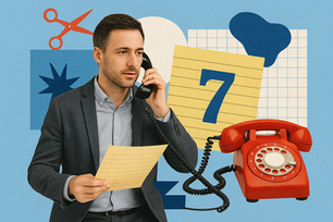 Man in suit on black phone, holding a yellow paper. Red rotary phone, abstract shapes, number 7, blue and red tones in background.