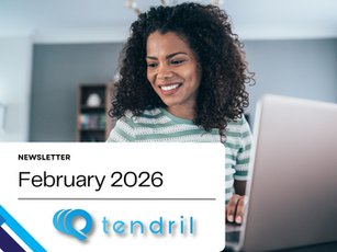 Woman smiling at laptop in a cozy room. Text overlay reads "Newsletter February 2026 Tendril" with a blue logo.