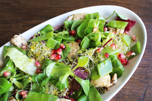 Kyllingsalat med sukkererter & granateple