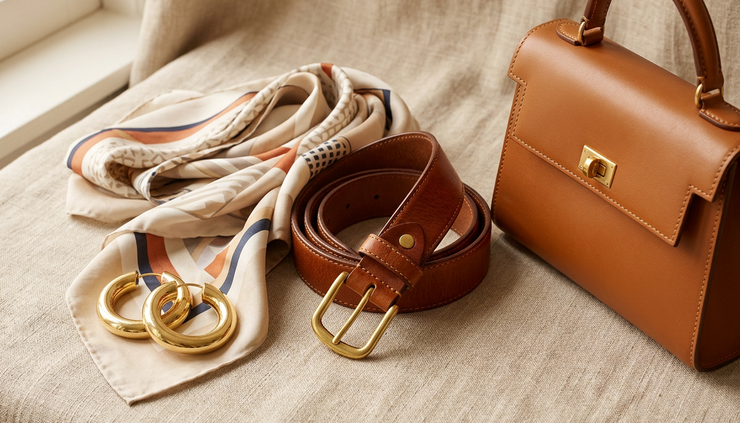 Close-up view of gold earrings, a silk scarf, a leather belt, and a structured handbag on a neutral surface